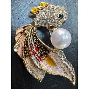 Vintage Cute Fish Tails Pearl Gold Tone Crystals Rhinestone Brooch Pin B60